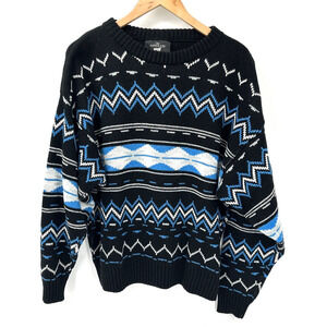 Aspen Lid Sweater Mens Large Blue Black White Nordic Knit USA Vintage